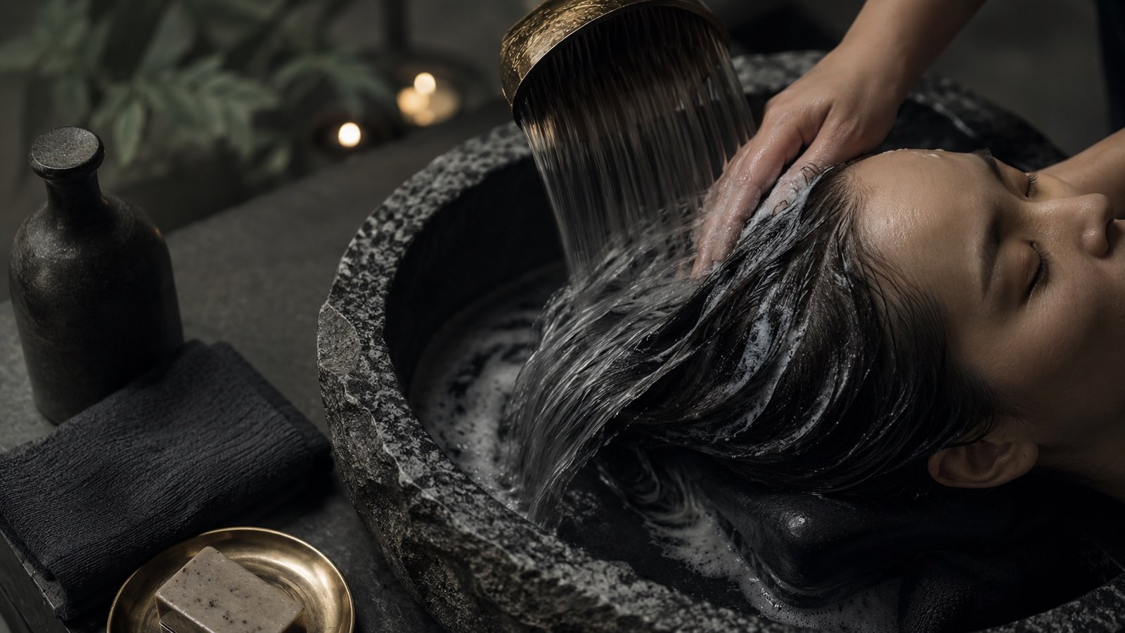 Warm water cascading over a client's scalp in a black stone basin — signature Japanese head spa ritual at Amari.