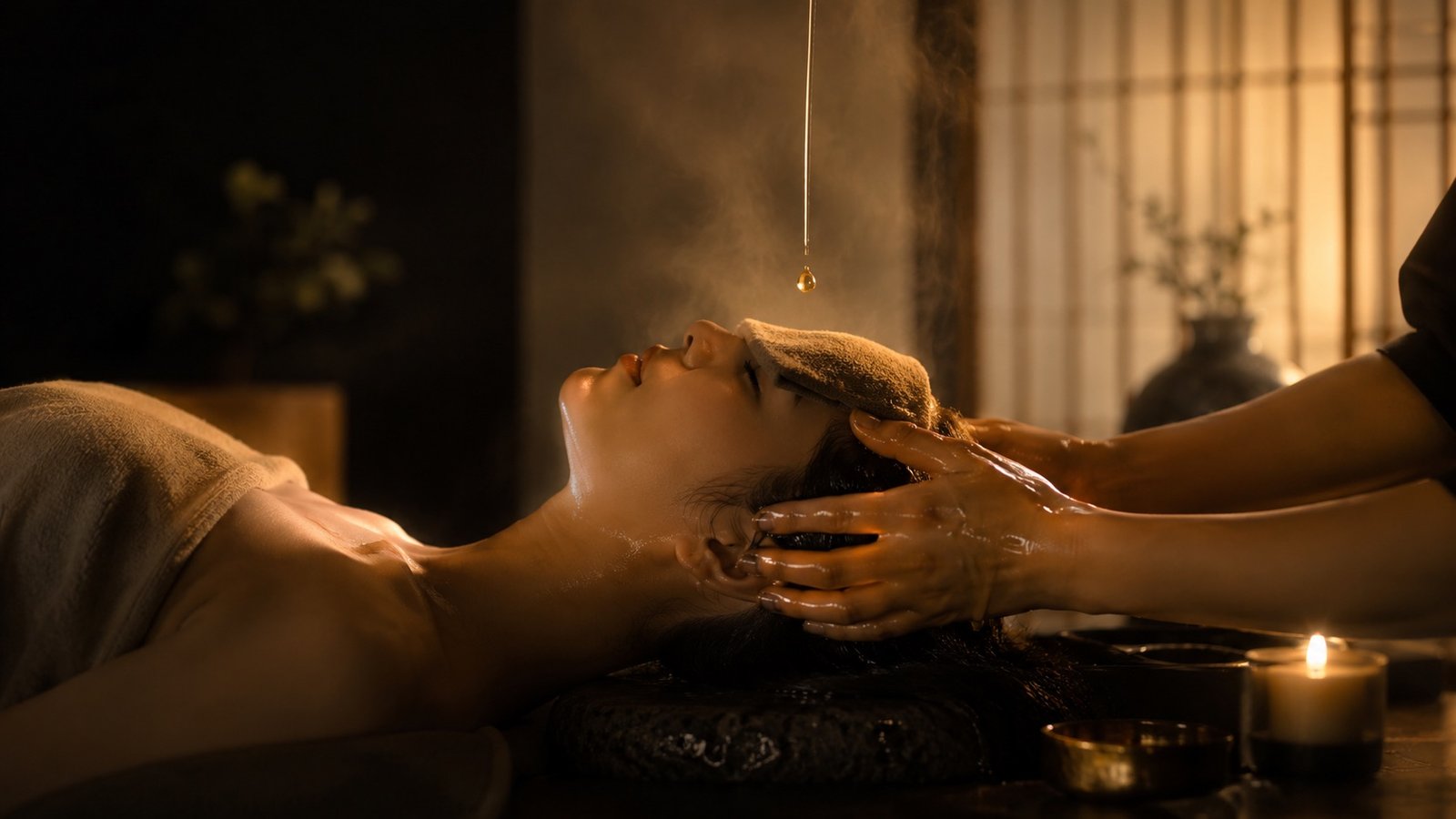 A therapist's hands cradling a client's head with warm amber oil at Amari Head Spa in Penge.