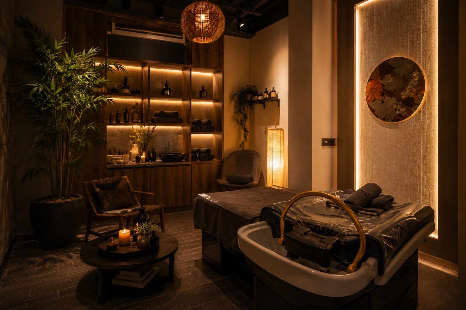 The Amari Head Spa treatment room at dusk — dark oak, warm lantern light and a shoji-style feature wall.